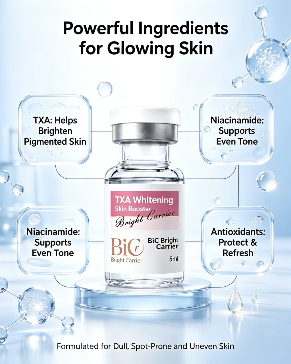 BIC TXA Whitening Skin Booster Serum 5 Vials | Fade Sun Spots, Acne Scars & Brighten Dull Skin